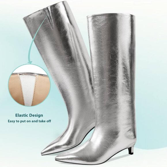 ⚡Women's Silver Knee High Boots 1.5-in Stiletto Low Heel Pull On Pointed Toe - Picture 4 of 9